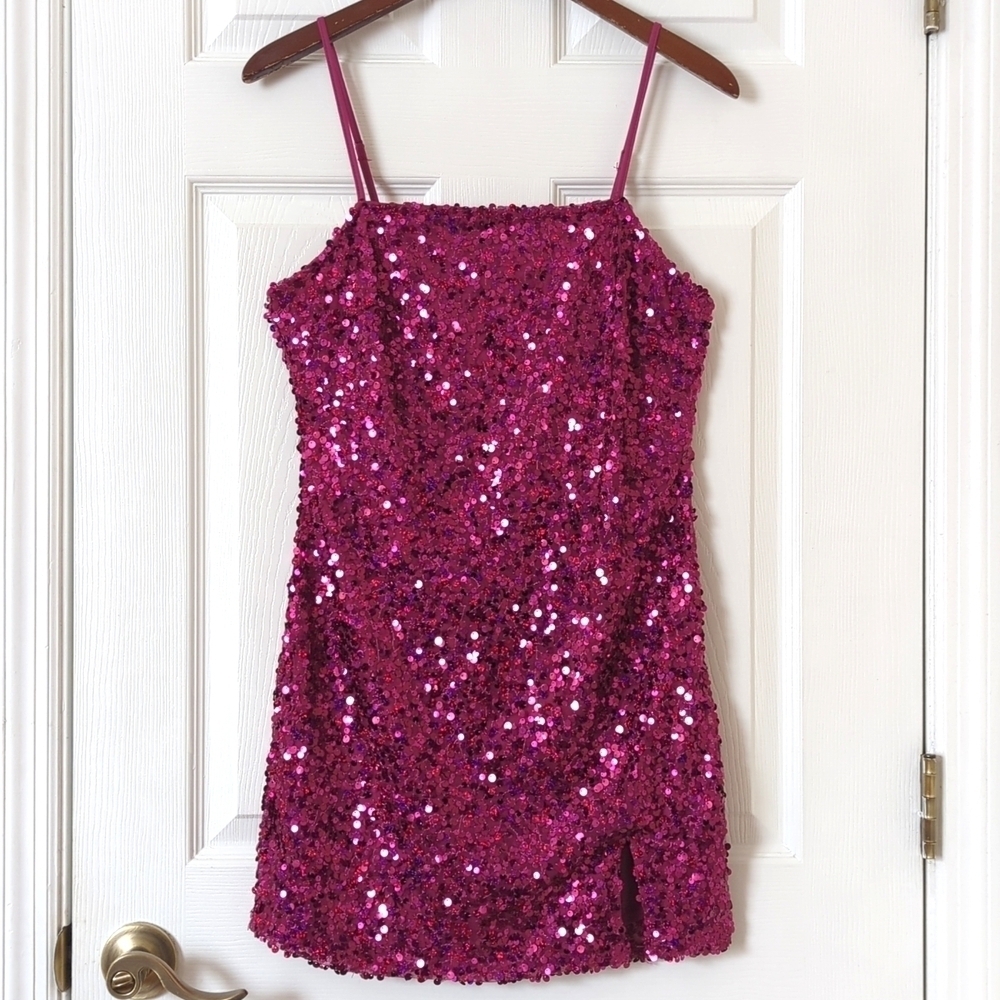 Wild Fable Sequined Sleeveless Lace Up Back Mini Party Dress Magenta Pink Medium